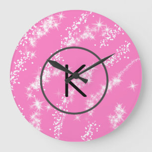 einfaches minimales weißes Monogramm rosa Glitter- Große Wanduhr