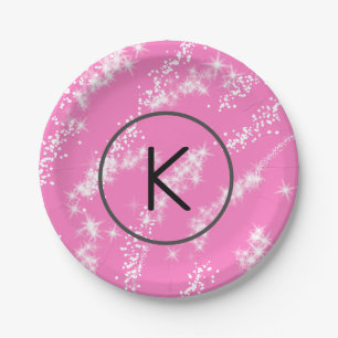 einfaches minimales weißes Monogramm rosa Glitter- Pappteller