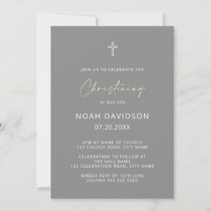 Einfaches Minimalistisch-Grau- und Goldkreuz-Chris Einladung