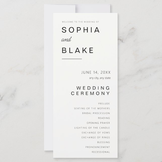 Einfaches Minimalistisch-off-White-Wedding-Program (Vorderseite)