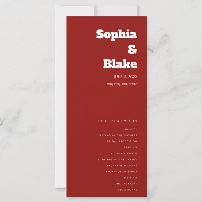 Einfaches Minimalistisch Scarlet Red Wedding Progr (Vorderseite)