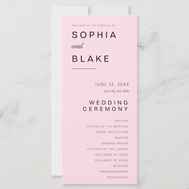 Einfaches Minimalistisch-Soft-Pink-Hochzeitsprogra (Vorderseite)