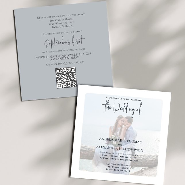 Einfaches Minimalistisches Foto Light Blue QR Code Einladung (Elegant photo Light Grey wedding invitation with a scannable QR code.)
