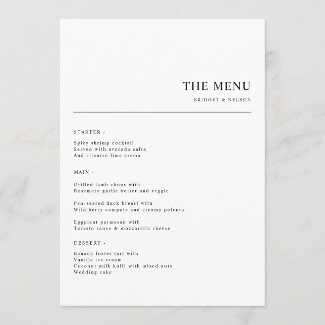 Einfaches Minimalistisches Hochzeitsessen Menükarte (Vorderseite)