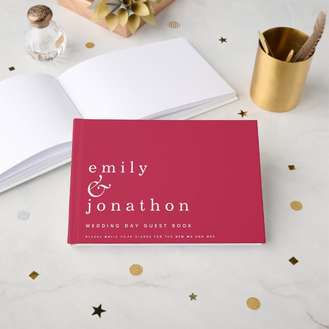 Einfaches Minimalistisches Magenta Wedding Gästebu Gästebuch (Vorderseite Offen)