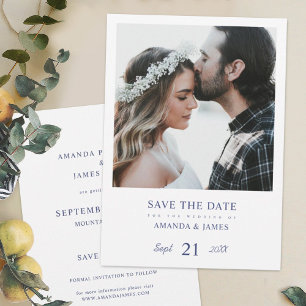 Einfaches, modernes blaues Foto Hochzeit rettet da Einladung