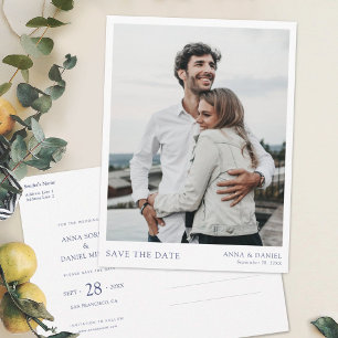 Einfaches, modernes Blue Text Foto Save the Date Ankündigungspostkarte