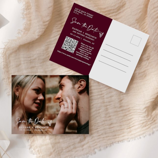 Einfaches modernes Burgund Save the Date QR Code F Postkarte (Von Creator hochgeladen)