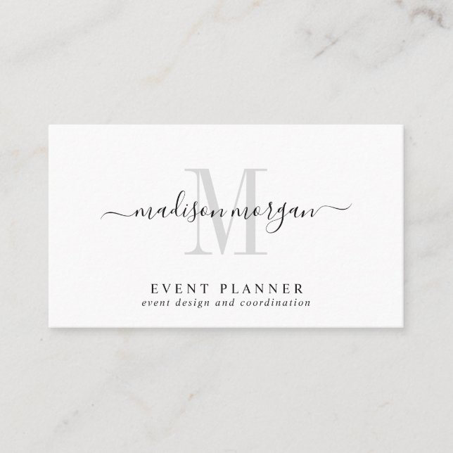 Einfaches modernes Eventplaner-Script-Monogramm Visitenkarte (Vorderseite)