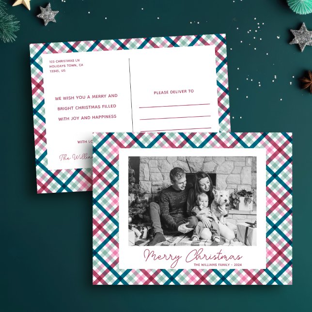 Einfaches, modernes Foto frohe Weihnachten (Modern Christmas Gingham Photo black and white template postcard. Magenta, Blue, Pink, Mint, Green)