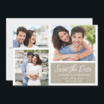 Einfaches modernes Foto rettet die Daten in Ecru Save The Date<br><div class="desc">Niedlichen 3-Foto-neutral und weiß speichern Sie die Datumskarten. Ideal für eine Hochzeit auf dem Wasser oder an der Küste! Mit drei Fotos und einer blauen Box mit modernem Schrift und Serifentext mit den Details des Hochzeitstages. Super niedlich und einfach Hochzeit speichern Sie die Daten. Der Hintergrund hat sogar ein niedliches,...</div>