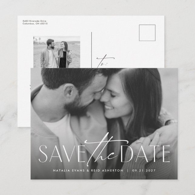 Einfaches, modernes Foto Save the Date Ankündigungspostkarte (Vorne/Hinten)
