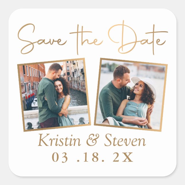 Einfaches, modernes Gold 2 Foto Save the Date Quadratischer Aufkleber (Vorderseite)