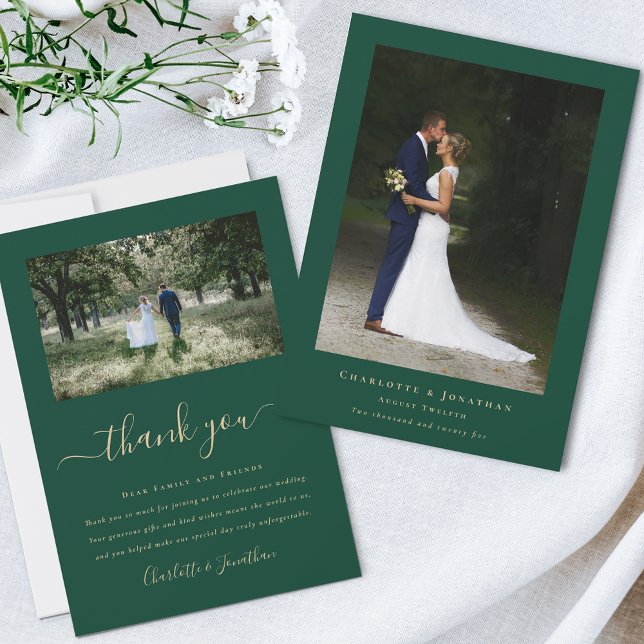Einfaches modernes Hochzeitsstil-Foto Dankeskarte (Simple modern wedding photo thank you card dark green Elegant script 2 photographs personalized )