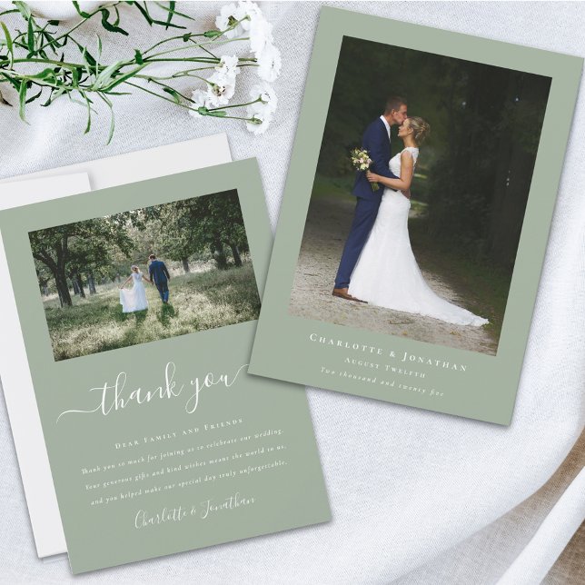 Einfaches modernes Hochzeitsstil-Foto Dankeskarte (Simple modern wedding photo thank you card sage green and elegant white script 2 photos )