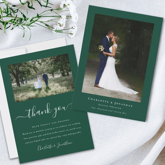 Einfaches modernes Hochzeitsstil-Foto Dankeskarte (Simple modern photo dark green Wedding save the date invitation Elegant script 2 photograph )