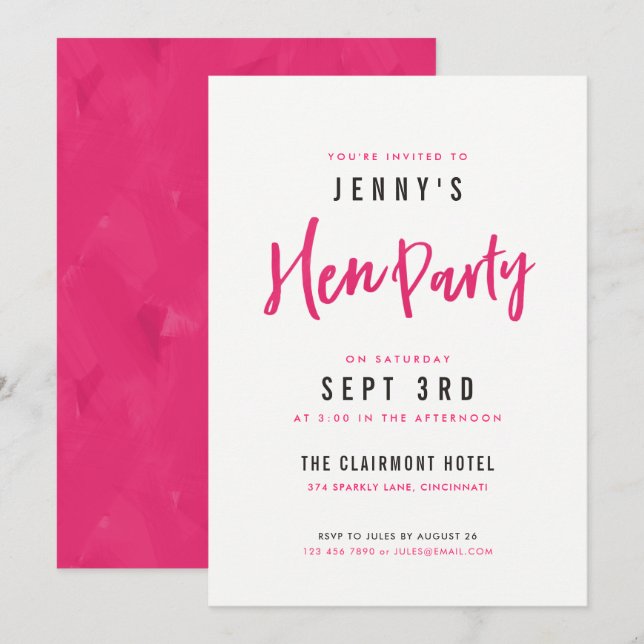 Einfaches, modernes Hot Pink Hen Party lädt ein Einladung (Vorne/Hinten)