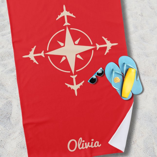 Einfaches modernes Kompass- und Flugzeug-Reise-Cus Strandtuch (Von Creator hochgeladen)