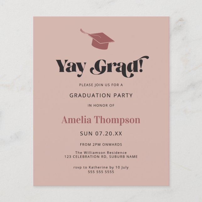 Einfaches modernes Pink Grad Cap Party laden ein (Vorderseite)