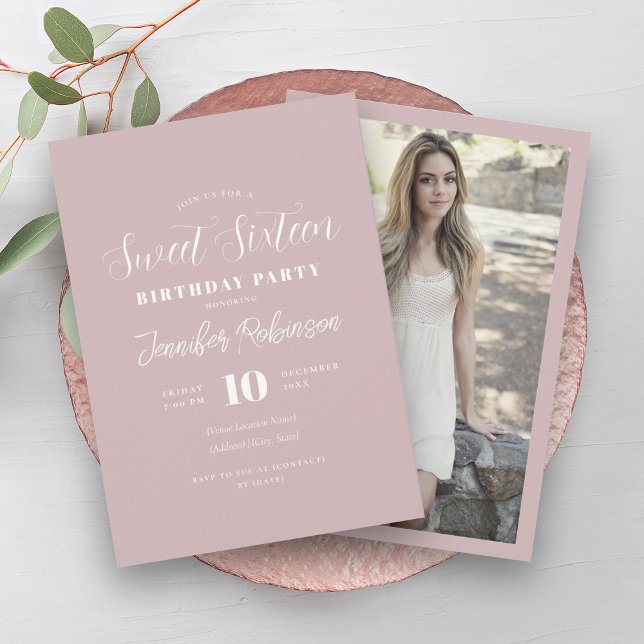 Einfaches, modernes Rosa Foto Sweet 16 16 Einladung (Simple Modern Blush Pink Photo Sweet 16 Sixteen Invitation)