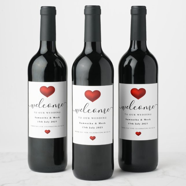 Einfaches, modernes Rotes Herz Hochzeitsoße Wine L Weinetikett (Flaschen)