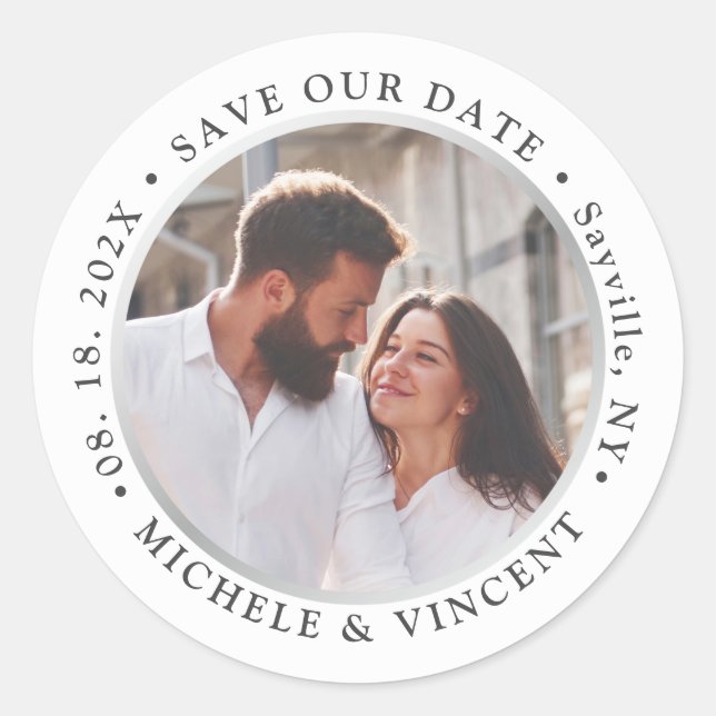 Einfaches modernes Silber-Foto Save the Date Runder Aufkleber (Vorderseite)