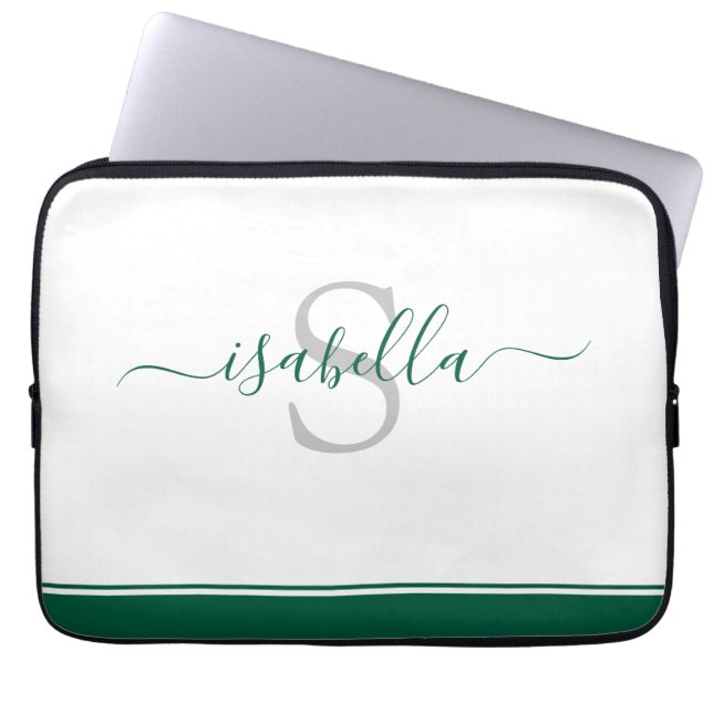 Einfaches modernes Skript-Monogramm Smaragdgrün Laptopschutzhülle (Vorderseite)