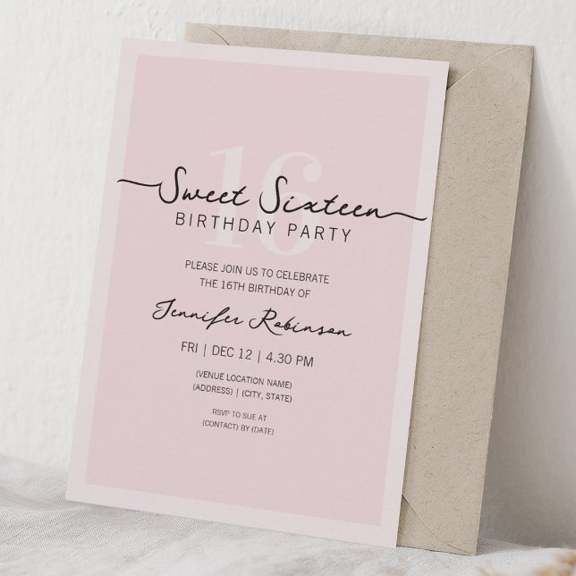 Einfaches modernes Skript Sweet 16 Rosa Einladung (Simple Modern Script Sweet 16 Sixteen Blush Pink Invitation)
