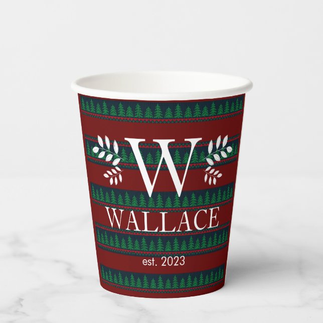 Einfaches, modernes Weihnachtsmonogramm-Foto Pappbecher (Rückseite)