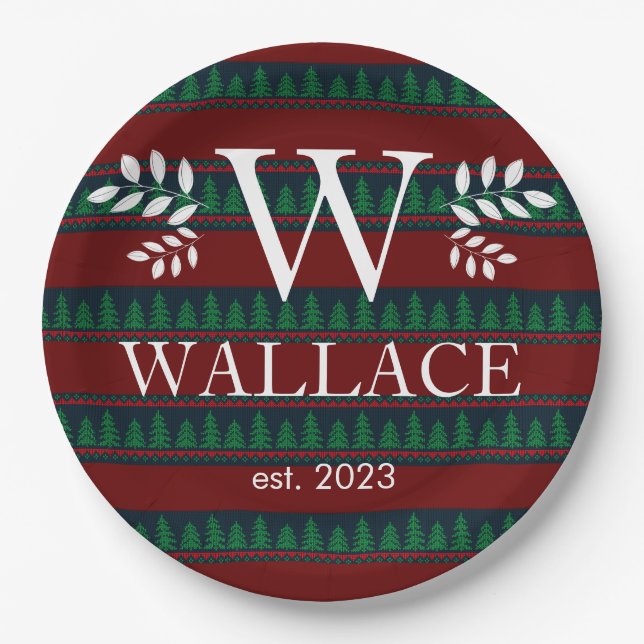 Einfaches, modernes Weihnachtsmonogramm-Foto Pappteller (Vorderseite)