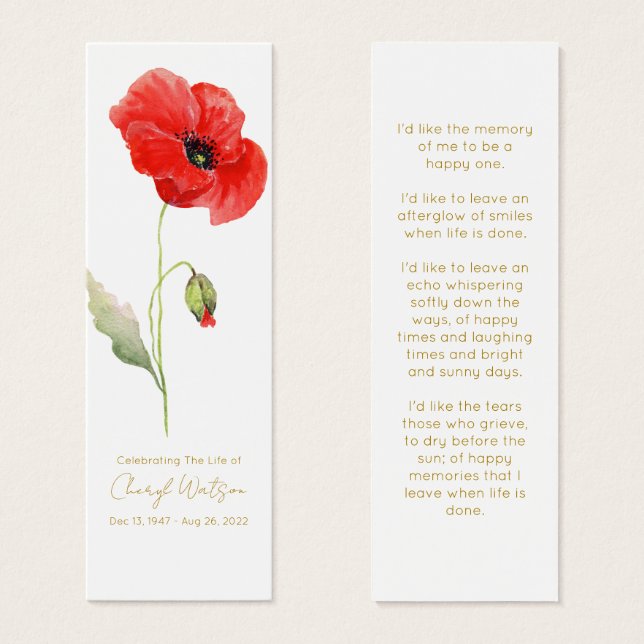 Einfaches Mohn-Funeral-Lesezeichen (Vorne & Hinten)