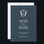Einfaches Monogramm Blau Save the Date<br><div class="desc">Verkünden Sie Ihre Verlobung mit dieser modernen Save the Date Karte. Es bietet einen Mix aus klassischer Schrift und Schrift-Typografie in Weiß auf einem soliden dunkelblauen Hintergrund. Geben Sie die Monografie der Braut und des Bräutigams in die Mitte eines Wappen ein. Alle Farben können individuell auf Ihre Hochzeitsfarben abgestimmt werden....</div>