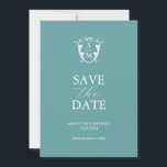 Einfaches Monogramm Blau Save the Date<br><div class="desc">Verkünden Sie Ihre Verlobung mit dieser modernen Save the Date Karte. Es bietet einen Mix aus klassischer Schrift und Schrift-Typografie in Weiß auf einem soliden türkisblauen Hintergrund. Geben Sie die Monografie der Braut und des Bräutigams in die Mitte eines Wappen ein. Alle Farben können auf Ihre Hochzeitsfarben abgestimmt werden. Verwenden...</div>