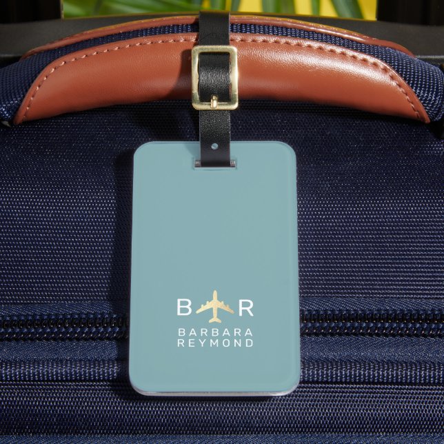 Einfaches Monogramm-Flugzeug Reise Blau Gepäckanhänger (Vorderseite Insitu 2)