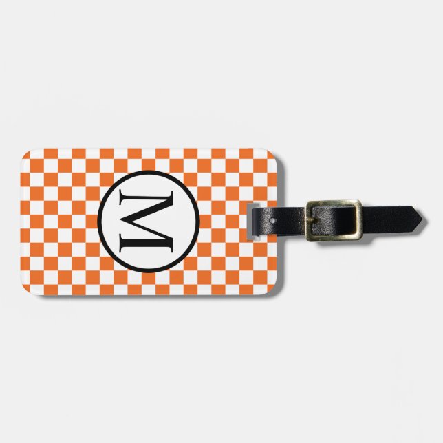 Einfaches Monogramm mit orange Schachbrett Gepäckanhänger (Vorderseite horizontal)