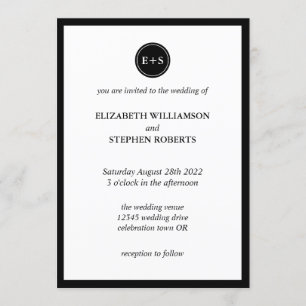 Einfaches Monogramm   Schwarze und Weiße Hochzeit Einladung