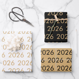Einfaches Muster 2026 jedes Jahr Gold Weiß Schwarz Geschenkpapier Set