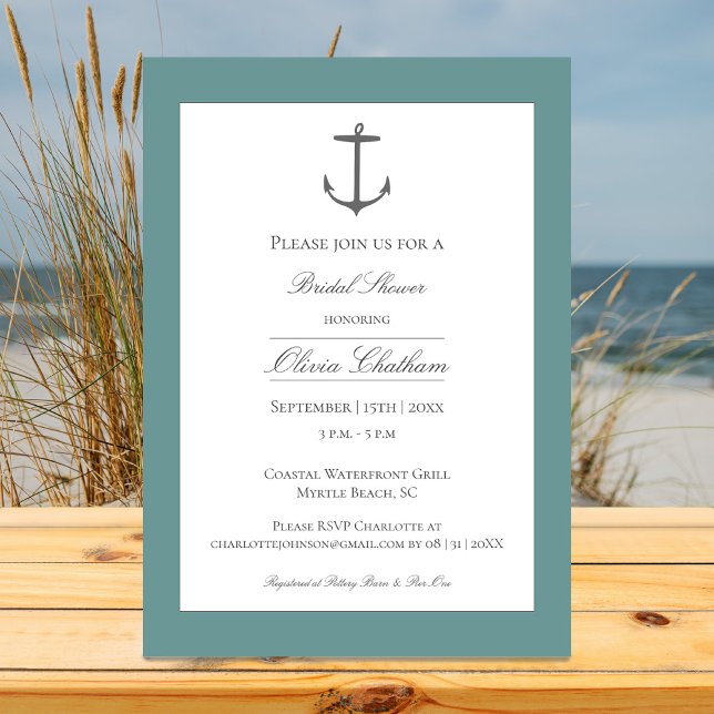 Einfaches Nautic Anchor-Brautparty | AQUAMARIN Einladung (Teal Simple Nautical Anchor Bridal Shower Invitation)
