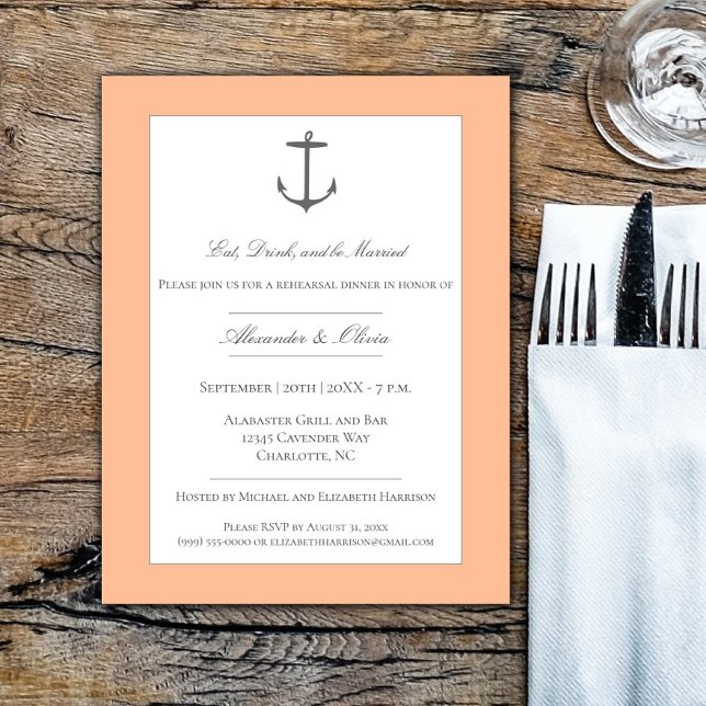 Einfaches Nautic Anchor Probe Dinner Peach Einladung (Peach Fuzz Simple Nautical Anchor Rehearsal Dinner Invitation)