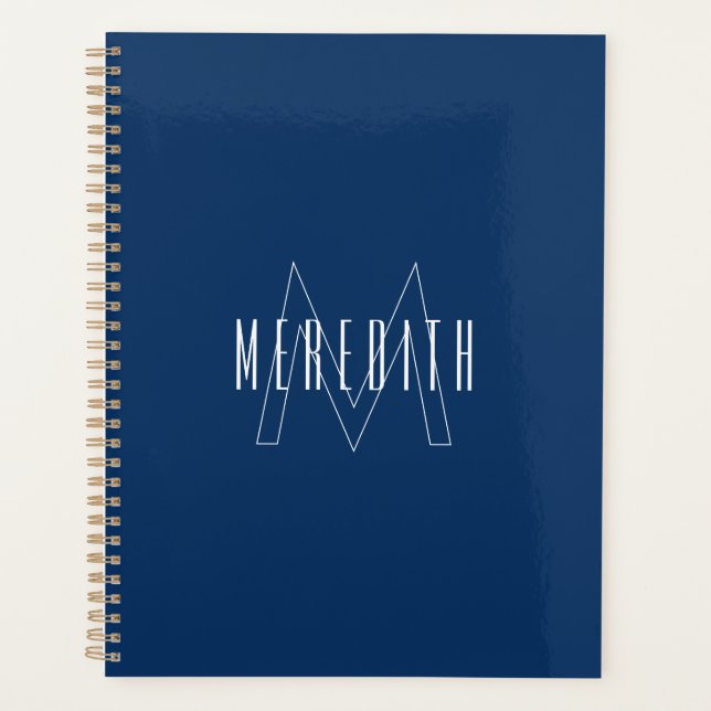 Einfaches Navy Blau Weiß Monogramm Name Planer (Vorderseite)
