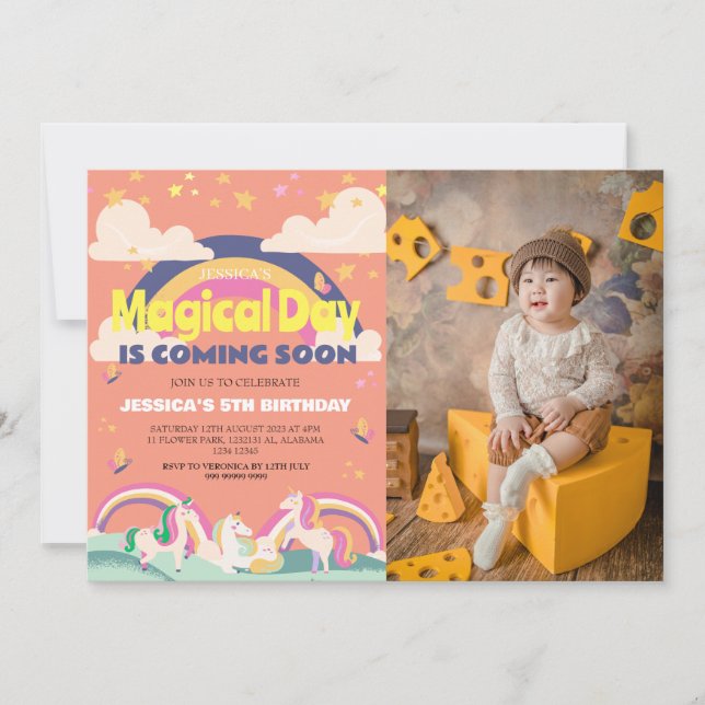 Einfaches Niedliches Girl Foto Unicorn Erstgeburte Einladung (Vorderseite)