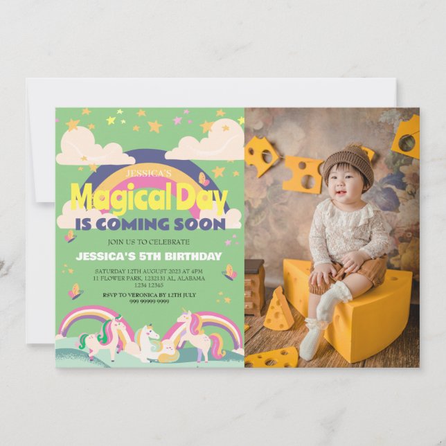 Einfaches Niedliches Girl Foto Unicorn Erstgeburte Einladung (Vorderseite)