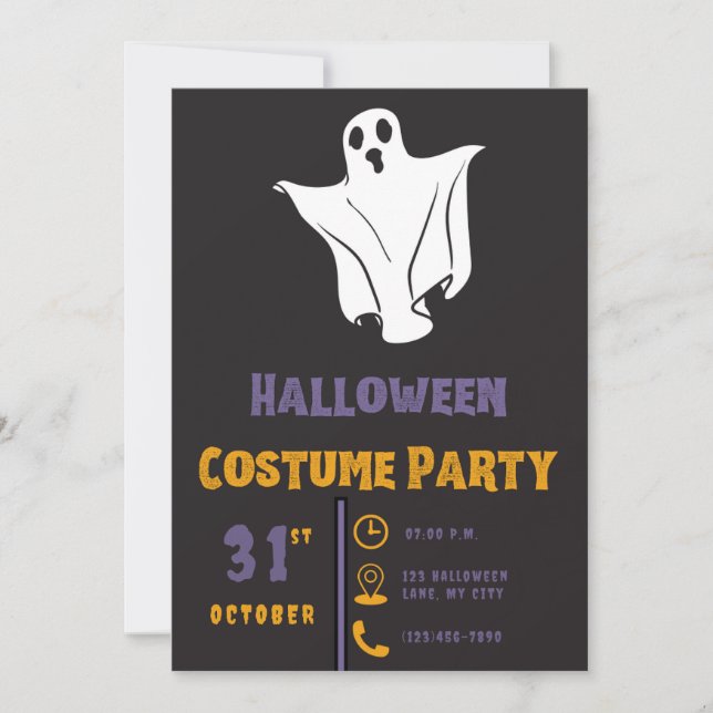 Einfaches Niedliches White Ghost Black Halloween Einladung (Vorderseite)
