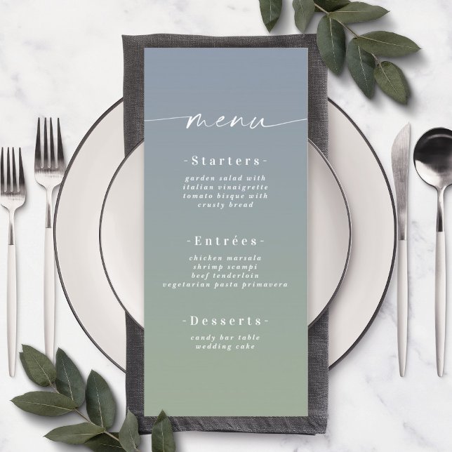 Einfaches Ombre Dusty Blue & Green Wedding Menu Menükarte (Von Creator hochgeladen)