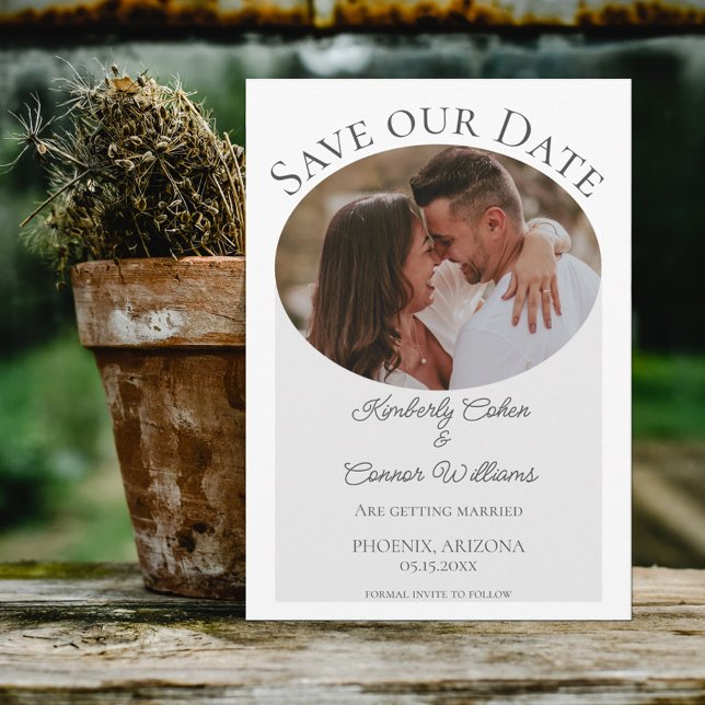 Einfaches ovales Foto Save the Date | Grau (Von Creator hochgeladen)