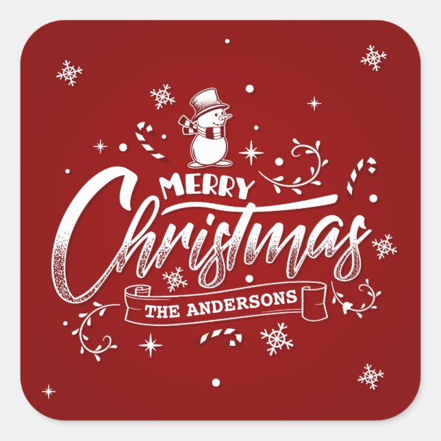 Einfaches Personalisiertes Snowman Weihnachtsstick Quadratischer Aufkleber (Vorderseite)