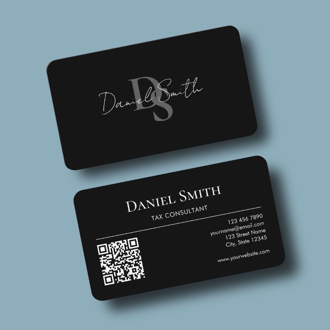 Einfaches professionelles Monogramm Initial QR-Cod Visitenkarte (Simple Professional Monogram Initial QR code Black Business Card mock up)