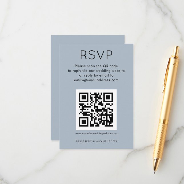 Einfaches QR Code Dusty Blue Wedding RSVP Begleitkarte (Vorderseite/Rückseite Beispiel)