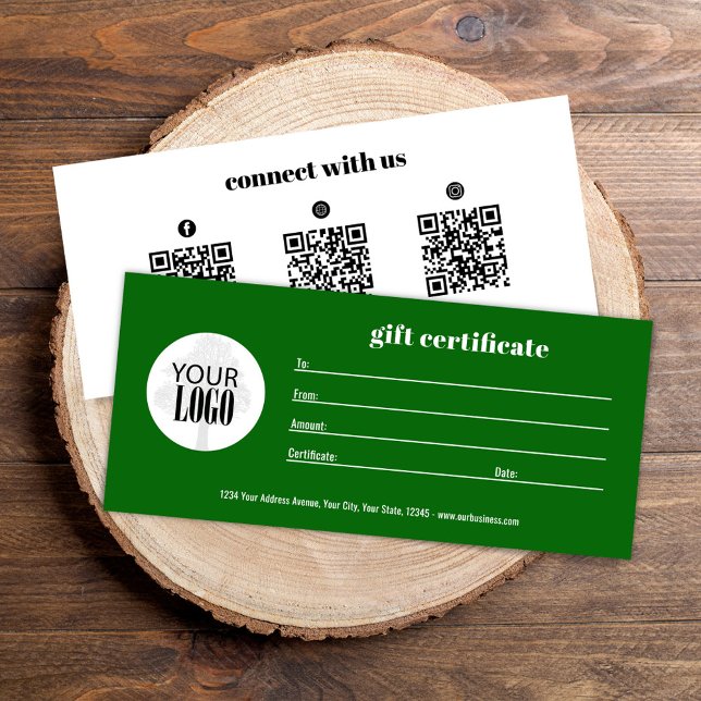 Einfaches QR-Code-Geschenkgutschein Grün (Green and white custom add your logo gift certificate)