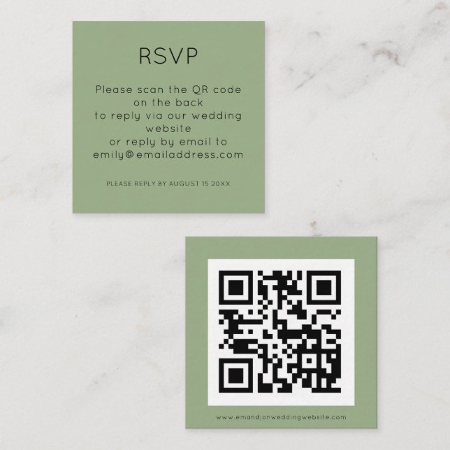 Einfaches QR Code Sage Green Wedding RSVP Begleitkarte (Vorne/Hinten)